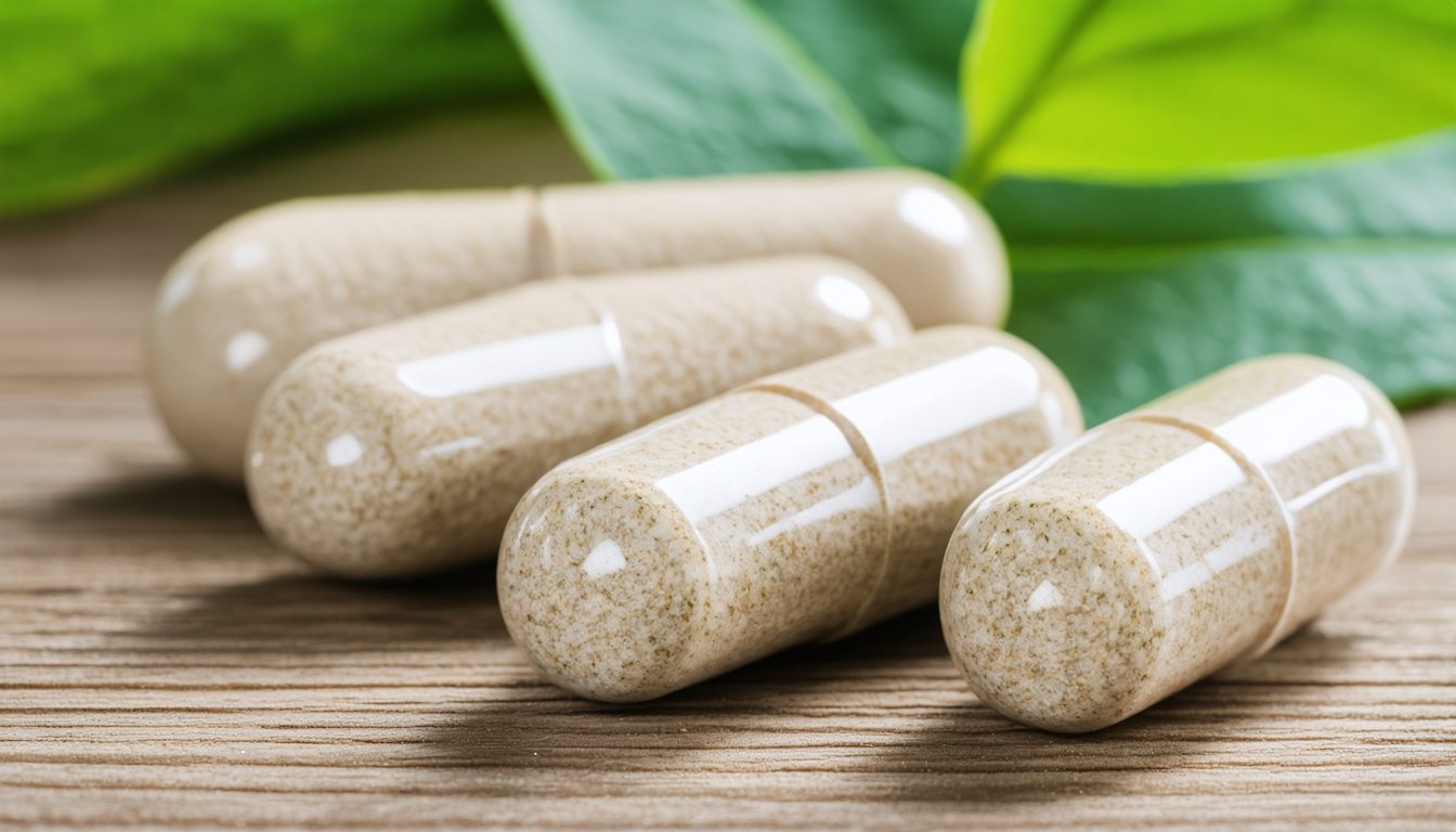 Bottles of herbal supplements with ginseng, maca root, and leafy plants arranged on a wooden table, symbolizing natural alternatives for erectile support
